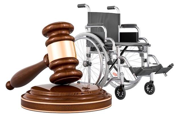 Wheelchair with wooden gavel 3D rendering