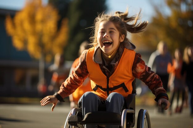 Foto la studentessa in sedia a rotelle applaude con entusiasmo la squadra sportiva della sua scuola con il viso radioso di gioia