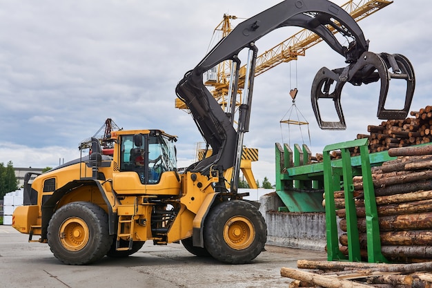 Wheeled grapple loader unloads logs onto a feed conveyor in the yard of a woodworking plant