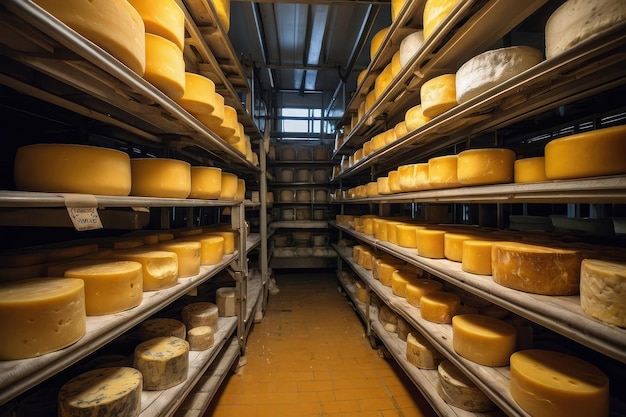 Foto le ruote di formaggio che maturano nel magazzino