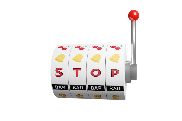 Wheels of a slot machine with the word "stop". Gambling addiction concept.