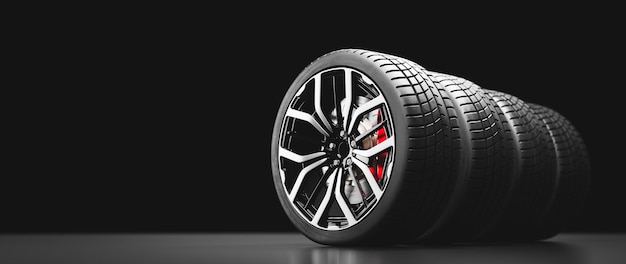 Wheels with modern alu rims on black background 3D illustration