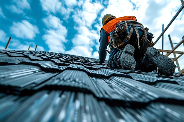 When putting concrete roof tiles on the roof above a construction worker puts on a seat belt Generative AI