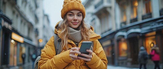 旅行ブロガーは、都市内の特定の住所を検索するときに、携帯電話のルート アプリケーションを使用します。