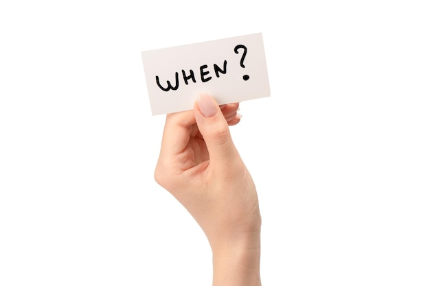 When text on a card in a woman hand isolated on a white background