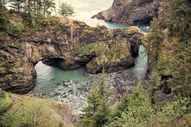 Where rocky coastline jut out into sea Sea arches and coastal inlets Rocky coast in Oregon USA