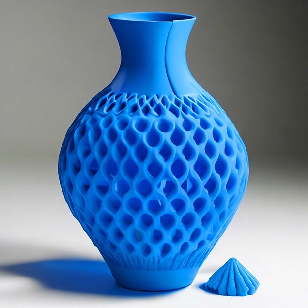 Where you can see a vase which is out of blue pla and has an interesting pattern on it image