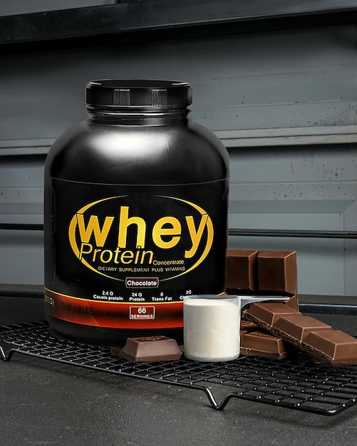 Whey Protein bottle bodybuilding supplement Protein powder GYM Supplements chocolate flavour