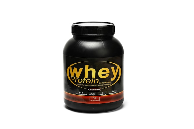 Foto whey protein fles bodybuilding supplement eiwitpoeder gym supplementen chocolade smaak