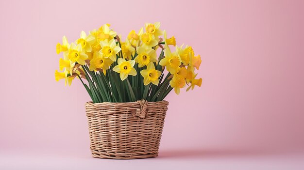 Whicker basket filled with an array of yellow daffodils over a pink setting and space Generative AI