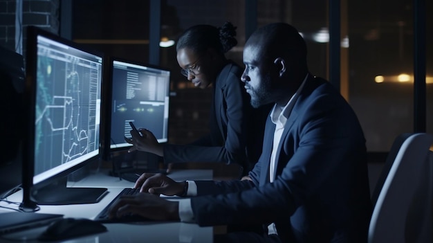 While an African businessman works on a tablet with a female colleague Generative AI a programmer types on a multiscreen computer in a dark office at night