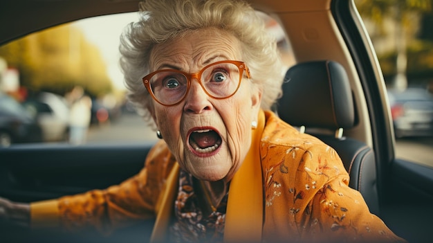 While driving her automobile in traffic an elderly woman becomes irate and shouts loudly