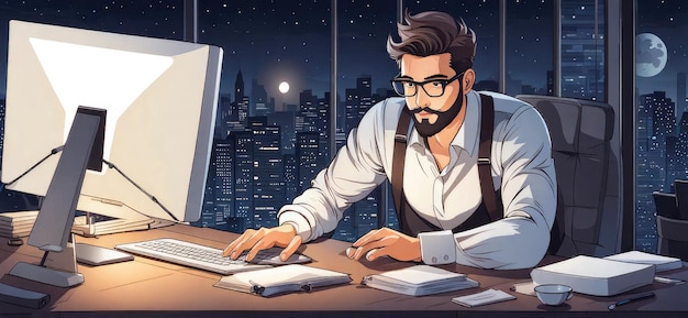 他人が眠っている間,彼は成功を収めます. 眼鏡をかけたひげのプログラマーがコンピュータで働いています.