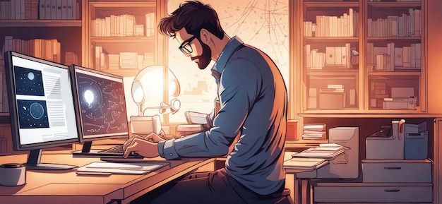 While others are sleeping he achieves success a bearded programmer with glasses works at computer