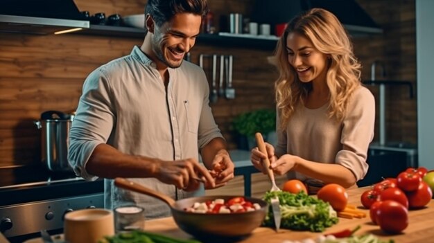 While preparing healthy food in the kitchen at home beautiful young athletes are conversing and grinning Generative AI