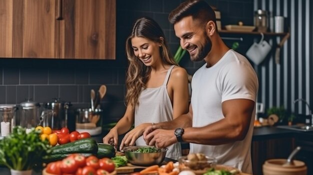 Photo while preparing healthy food in the kitchen at home beautiful young athletes are conversing and grinning generative ai