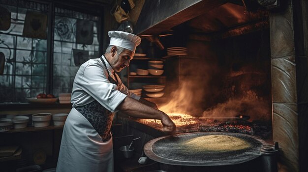 Пока горит традиционная турецкая печь, шеф-повар готовит ингредиенты на кухне с помощью генеративного ИИ.
