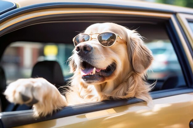 While traveling in an automobile a happy dog golden retriever in sunglasses looks out the window