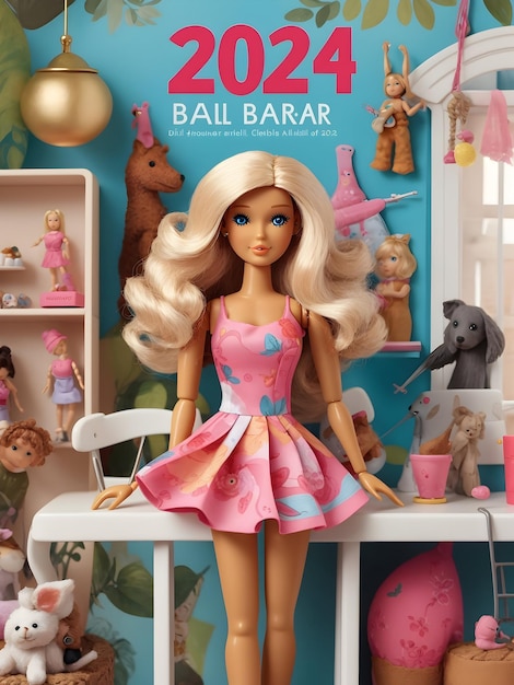 Premium AI Image  A whimsical 2024 wall calendar with a Barbi Doll in a  variety of playful