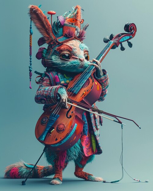 a whimsical 3D animal character playing a musical instrument backwards