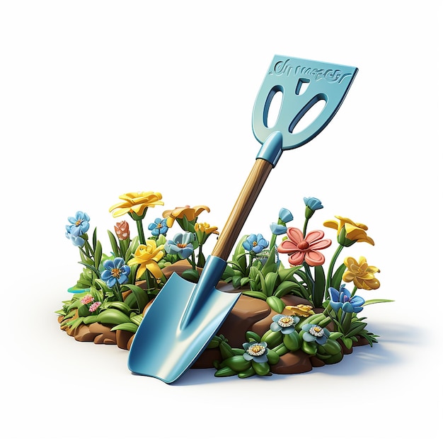 Photo whimsical 3d cartoon garden shovel on white background