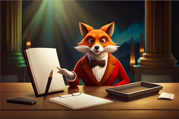 whimsical 3D cartoon portrait of a talking animal character such as a clever fox