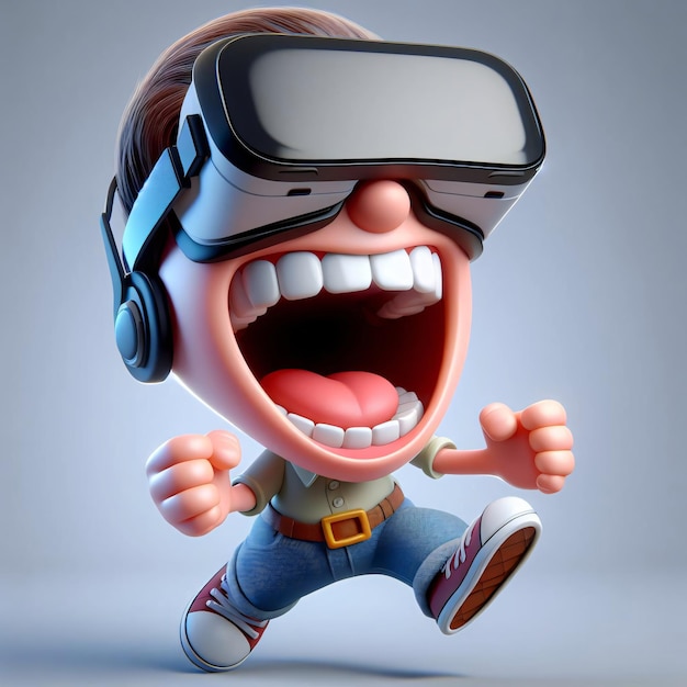 Whimsical 3D character with exaggerated features chuckles uncontrollably with VR goggles 3d animated