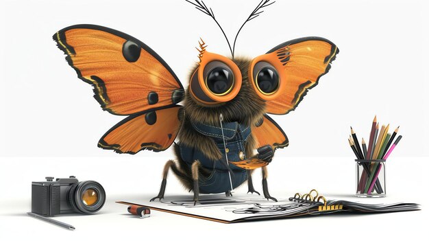 Photo a whimsical 3d creation of a charming moth who has embarked on an extraordinary career as a fashion designer against a clean white background this endearing character showcases its talent