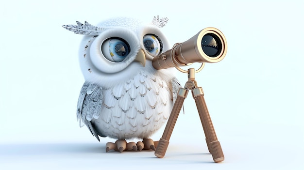 A whimsical 3D illustration of an adorable owl donning an astronomers hat holding a telescope in one wing and a star chart in the other This white background stock image captures the char