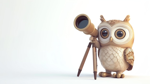 A whimsical 3D illustration of an adorable owl donning an astronomers hat holding a telescope in one wing and a star chart in the other This white background stock image captures the char