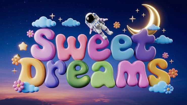 Photo whimsical 3d sweet dreams phrase with astronaut stars and moon in a vibrant night scene