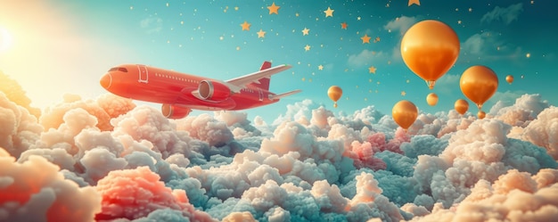 Photo a whimsical 3d travel promo vector where fantasy becomes reality an airplane trails through