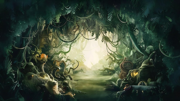 A whimsical abstract background resembling a mystical forest filled with lush foliage twisting vine