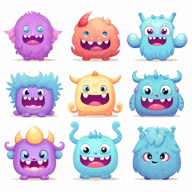 Whimsical Adorable Kawaii Monster Cliparts Emote Style Pastel Colors on a White Background