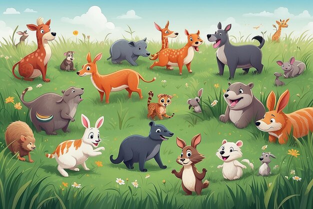 Whimsical Animal HideandSeek in Grass Field Illustration