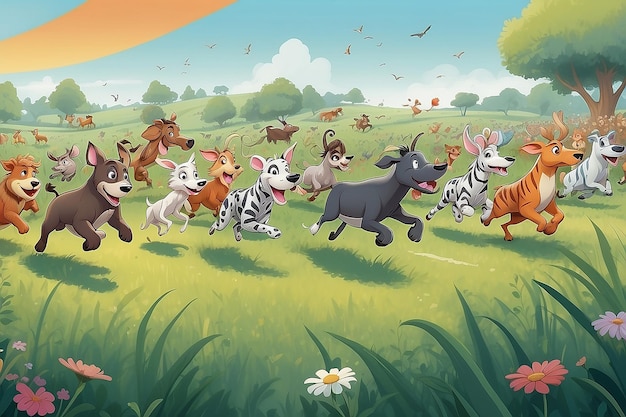 Whimsical Animal Race Through Grass Field Illustration