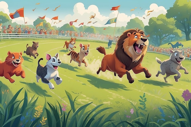 Whimsical Animal Race Through Grass Field Illustration