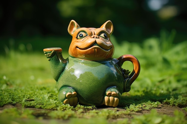 A whimsical animalshaped teapot on a green grass surface