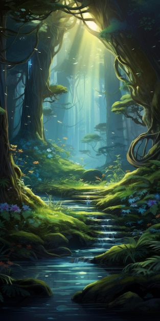 Whimsical Anime Forest A Fantasy Island Painting With Depth And Front Lighting