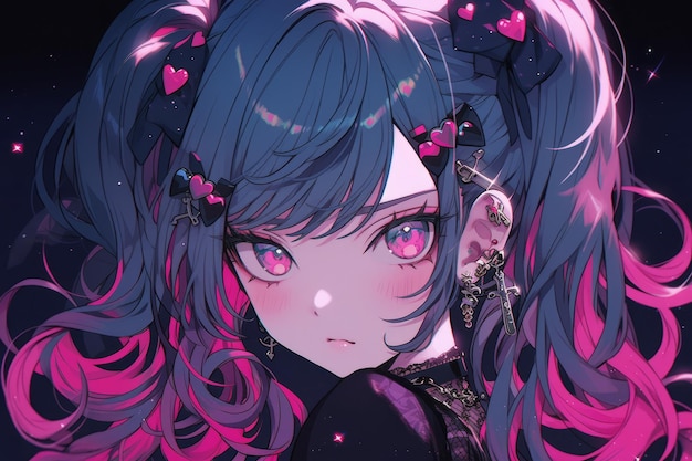 Whimsical anime girl with vibrant hair in dark fantasy Generative AI