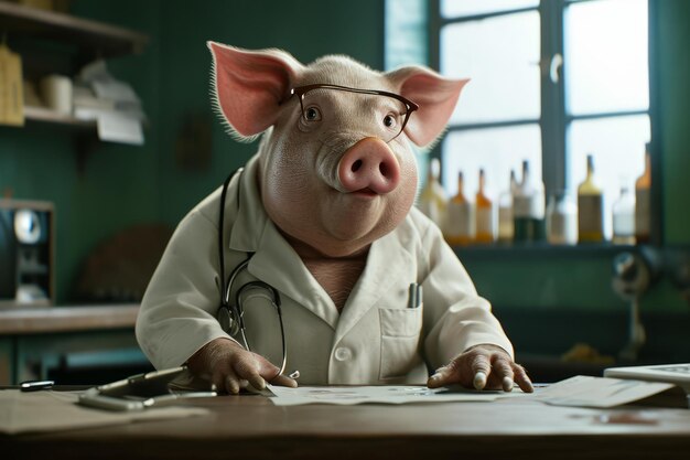 Whimsical Anthropomorphic pig wearing doctor medical uniform Generate ai