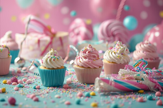 Photo a whimsical arrangement of pastel cupcakes and party favors against a polkadot background
