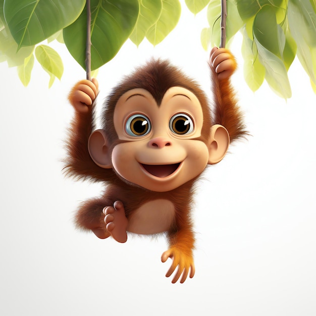 Whimsical Baby Monkey 3D Model Swinging Upside Down White Background