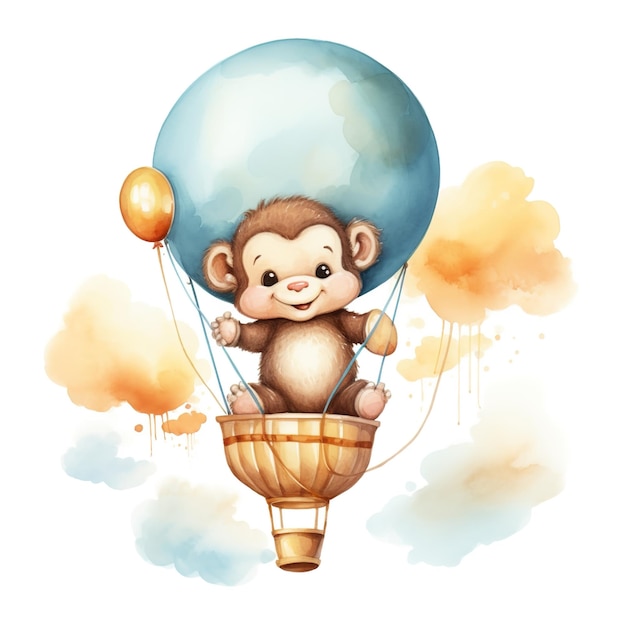 Whimsical Baby Monkey in Hot Air Balloon Watercolor Clipart for Joyous Baby Birthday Celebrations