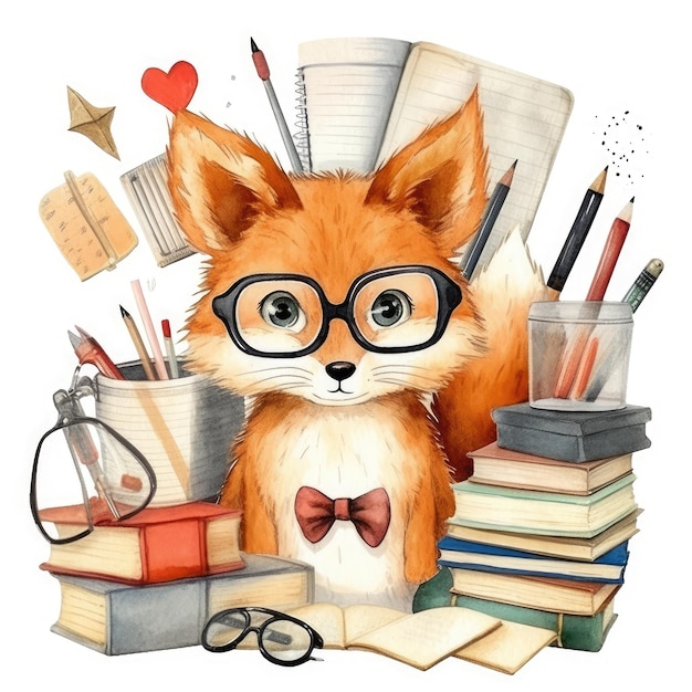 Whimsical Back to School Watercolor Clipart Kawaii Cute Student Animals with Fox Teacher and Natura