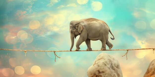 Photo whimsical balance elephant tightrope walker between two rocks in the sky