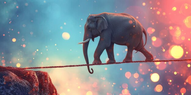Whimsical Balance Elephant Tightrope Walker Between Two Rocks in the Sky