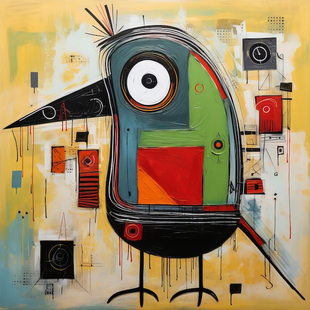 Whimsical Bird Painting With Industrial Shapes And Playful Whimsy