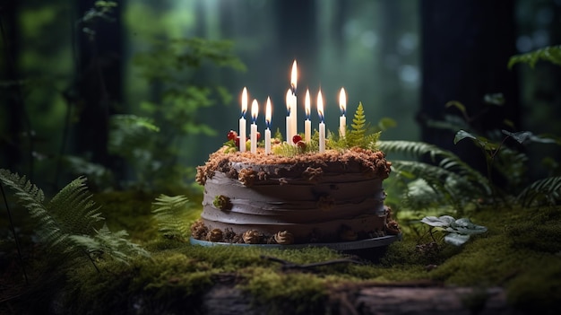 A whimsical birthday cake perched in the middle of the forest