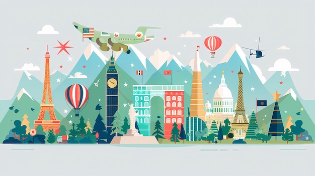 A whimsical blend of global landmarks and travel inviting adventure